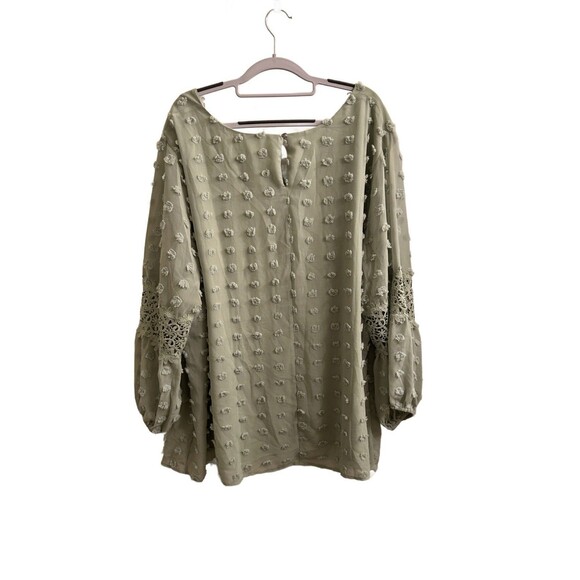 Cato Woman's Sage Chiffon Lined Top Round Neck Tufted Dots Lantern Sleeves 26/28 - Picture 2 of 5
